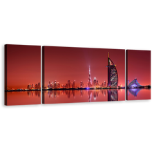 Load image into Gallery viewer, Dubai City Canvas Wall Art, Blue Light City Reflection 3 Piece Canvas Set, United Arab Emirates Red Skyline Canvas Print
