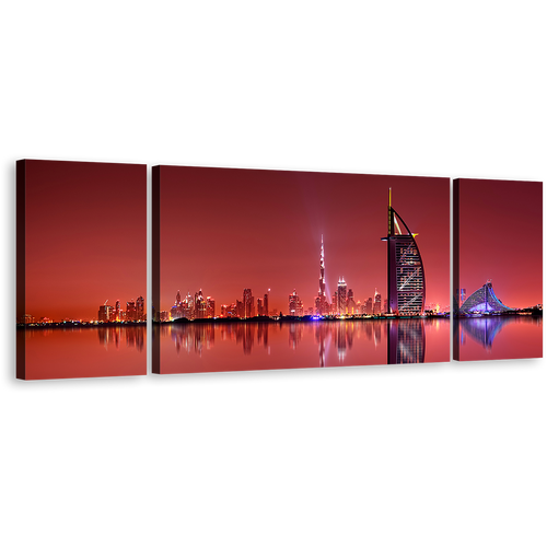 Dubai City Canvas Wall Art, Blue Light City Reflection 3 Piece Canvas Set, United Arab Emirates Red Skyline Canvas Print