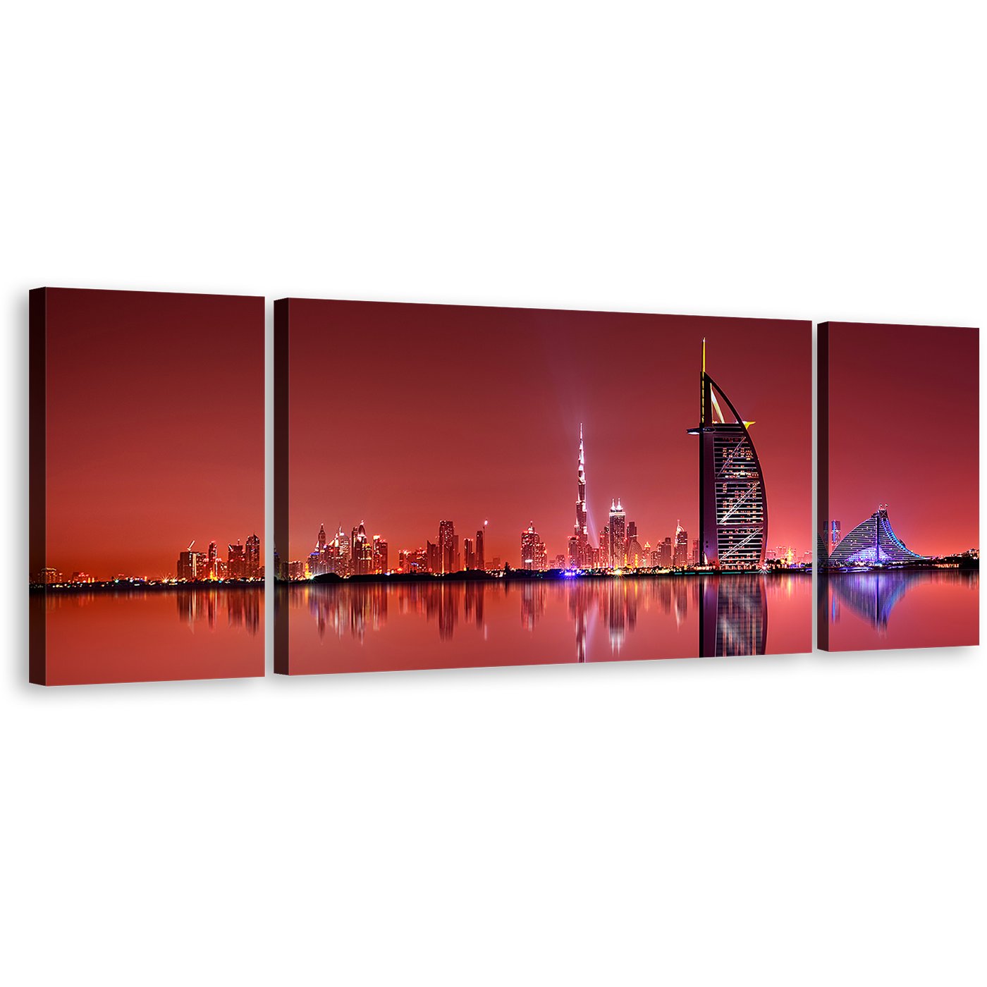 Dubai City Canvas Wall Art, Blue Light City Reflection 3 Piece Canvas Set, United Arab Emirates Red Skyline Canvas Print