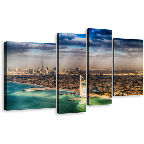 Dubai City Canvas Wall Art, Brown City Skyline Seascape Multiple Canvas, Green Umm Suqeim Beach 4 Piece Canvas Print