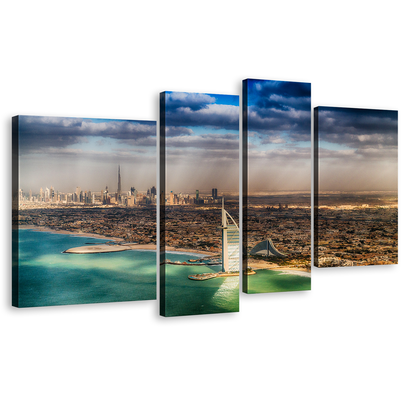 Dubai City Canvas Wall Art, Brown City Skyline Seascape Multiple Canvas, Green Umm Suqeim Beach 4 Piece Canvas Print