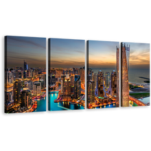 Load image into Gallery viewer, Dubai City Wall Art, Orange Marina City Skyline 4 Piece Canvas Multi-panel Print, Cloudy Yellow Sunset Sky Cityscape Canvas Set
