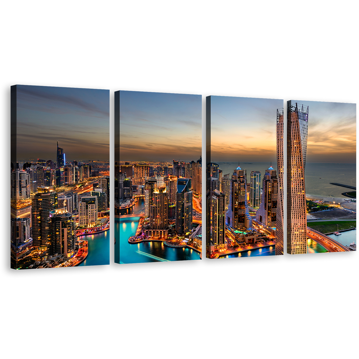 Dubai City Wall Art, Orange Marina City Skyline 4 Piece Canvas Multi-panel Print, Cloudy Yellow Sunset Sky Cityscape Canvas Set