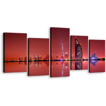 Load image into Gallery viewer, Dubai Lights Canvas Print, Dubai Black Burj Al Arab City Reflection Multi Canvas, United Arab Emirates Red Sky 5 Piece Wall Art
