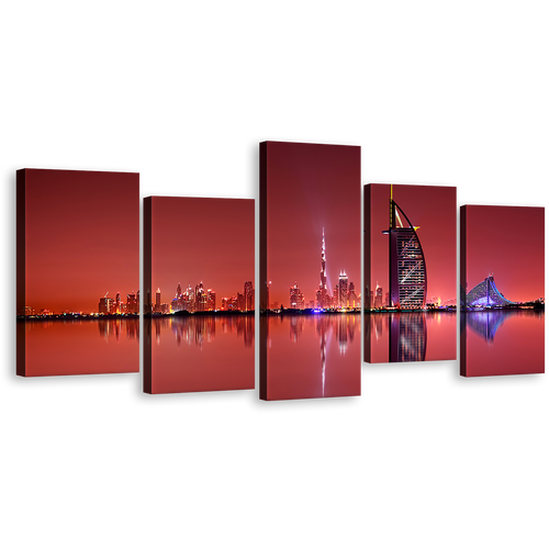 Dubai Lights Canvas Print, Dubai Black Burj Al Arab City Reflection Multi Canvas, United Arab Emirates Red Sky 5 Piece Wall Art