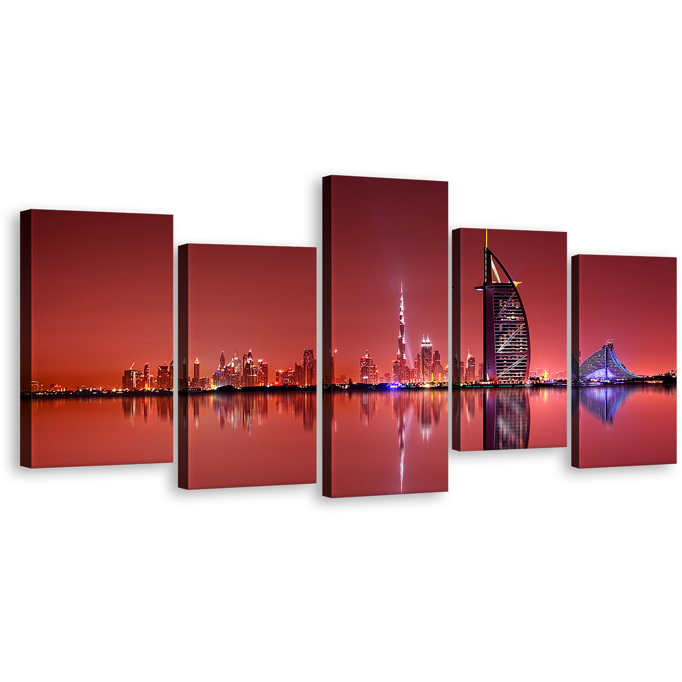 Dubai Lights Canvas Print, Dubai Black Burj Al Arab City Reflection Multi Canvas, United Arab Emirates Red Sky 5 Piece Wall Art