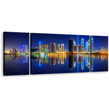 Load image into Gallery viewer, Dubai Skyline Canvas Wall Art, Dark Blue Yellow Night Sky Reflection 3 Piece Canvas Set, UAE Business Bay Line Triptych Canvas Print
