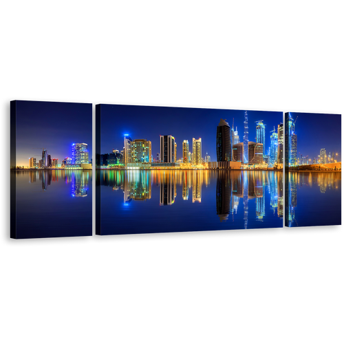 Dubai Skyline Canvas Wall Art, Dark Blue Yellow Night Sky Reflection 3 Piece Canvas Set, UAE Business Bay Line Triptych Canvas Print