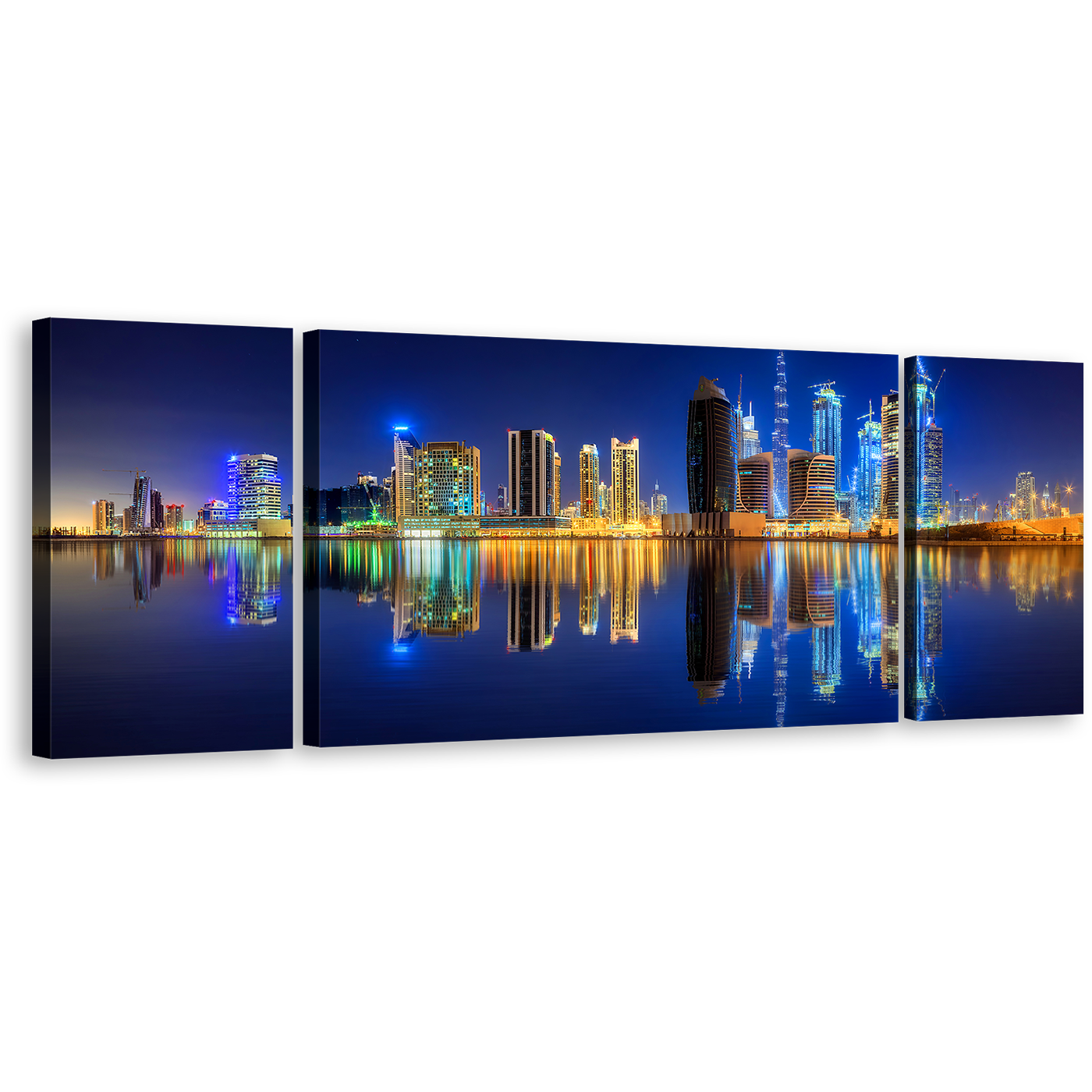 Dubai Skyline Canvas Wall Art, Dark Blue Yellow Night Sky Reflection 3 Piece Canvas Set, UAE Business Bay Line Triptych Canvas Print