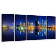 Load image into Gallery viewer, Dubai Skyline Canvas Wall Art, Dark Blue Yellow Night Sky Reflection 5 Piece Canvas Print, UAE Business Bay Line Multi Canvas
