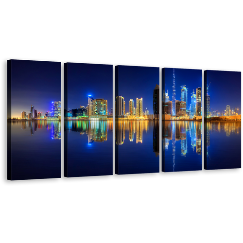 Dubai Skyline Canvas Wall Art, Dark Blue Yellow Night Sky Reflection 5 Piece Canvas Print, UAE Business Bay Line Multi Canvas