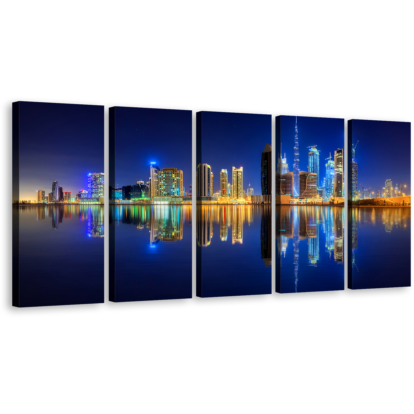 Dubai Skyline Canvas Wall Art, Dark Blue Yellow Night Sky Reflection 5 Piece Canvas Print, UAE Business Bay Line Multi Canvas