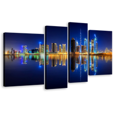 Load image into Gallery viewer, Dubai Skyline Canvas Wall Art, UAE Business Bay Line 4 Piece Multiple Canvas, Dark Blue Yellow Night Sky Reflection Canvas Print
