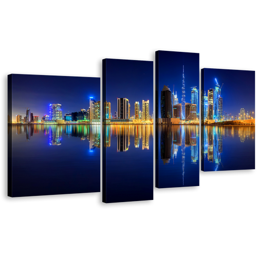 Dubai Skyline Canvas Wall Art, UAE Business Bay Line 4 Piece Multiple Canvas, Dark Blue Yellow Night Sky Reflection Canvas Print