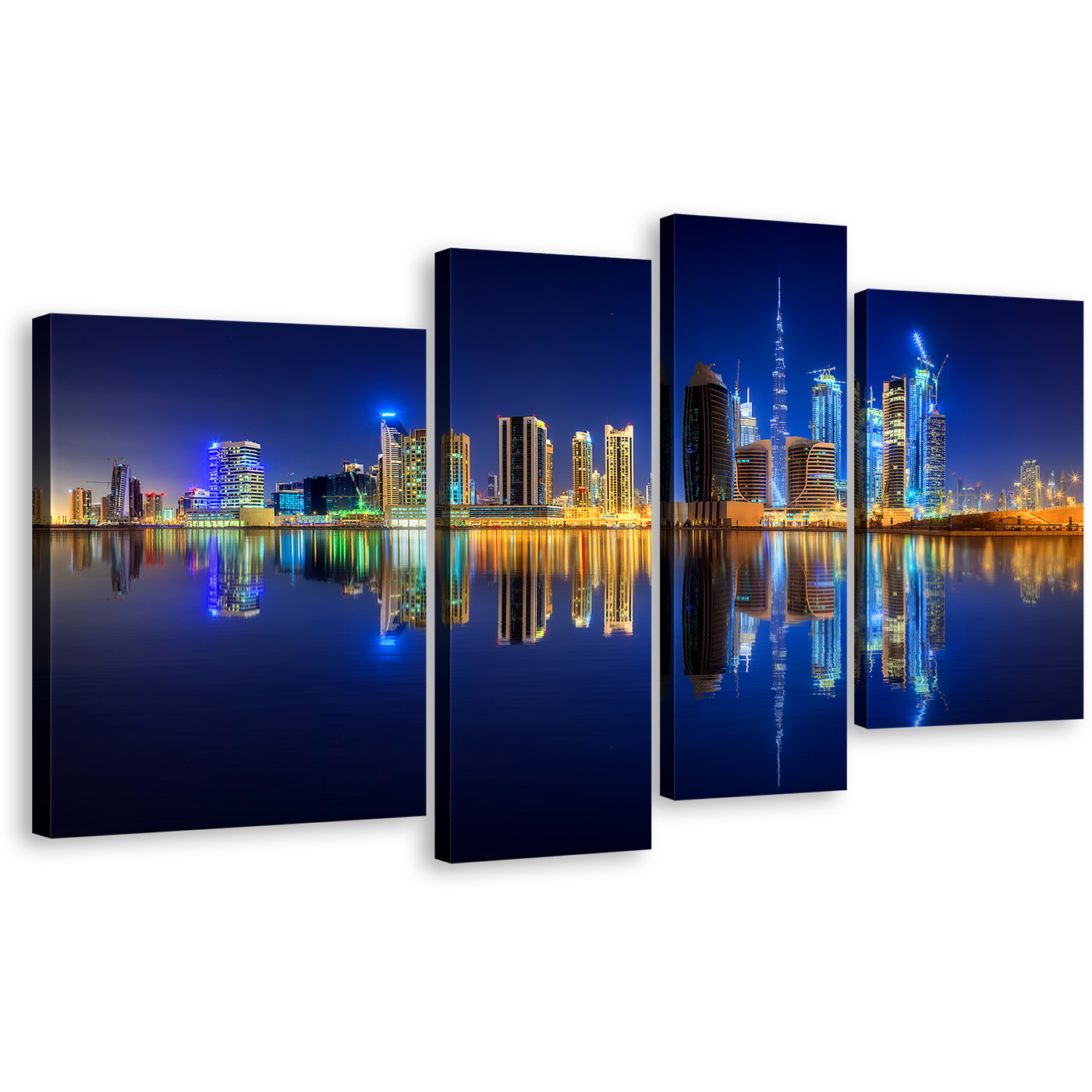 Dubai Skyline Canvas Wall Art, UAE Business Bay Line 4 Piece Multiple Canvas, Dark Blue Yellow Night Sky Reflection Canvas Print