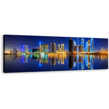 Load image into Gallery viewer, Dubai Skyline Canvas Wall Art, Yellow UAE Business Bay Line Panoramic Canvas, Dark Blue Night Sky Reflection 1 Piece Canvas Print
