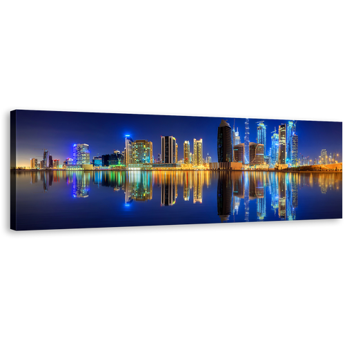 Dubai Skyline Canvas Wall Art, Yellow UAE Business Bay Line Panoramic Canvas, Dark Blue Night Sky Reflection 1 Piece Canvas Print