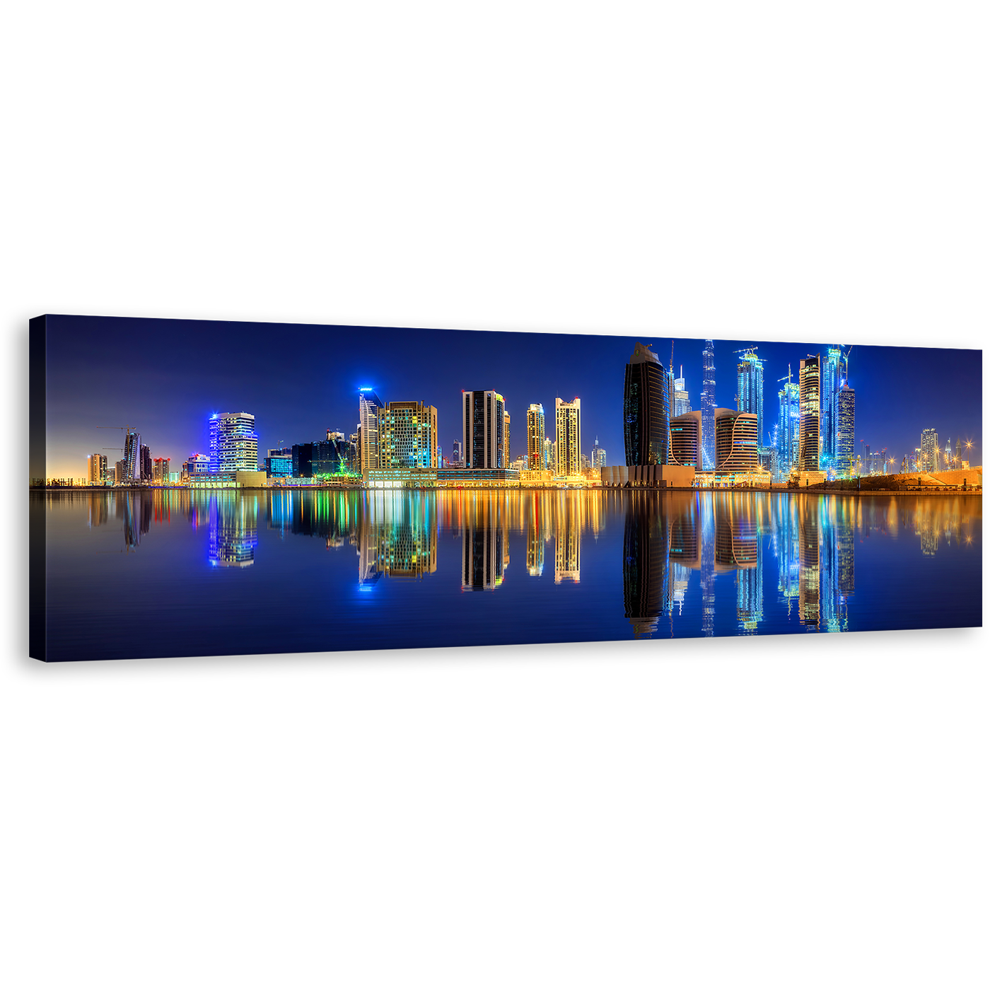 Dubai Skyline Canvas Wall Art, Yellow UAE Business Bay Line Panoramic Canvas, Dark Blue Night Sky Reflection 1 Piece Canvas Print