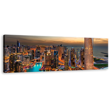 Load image into Gallery viewer, Dubai Skyline Wall Art, Orange Marina City Canvas Artwork, Cloudy Yellow Sunset Cityscape Panoramic Canvas Print
