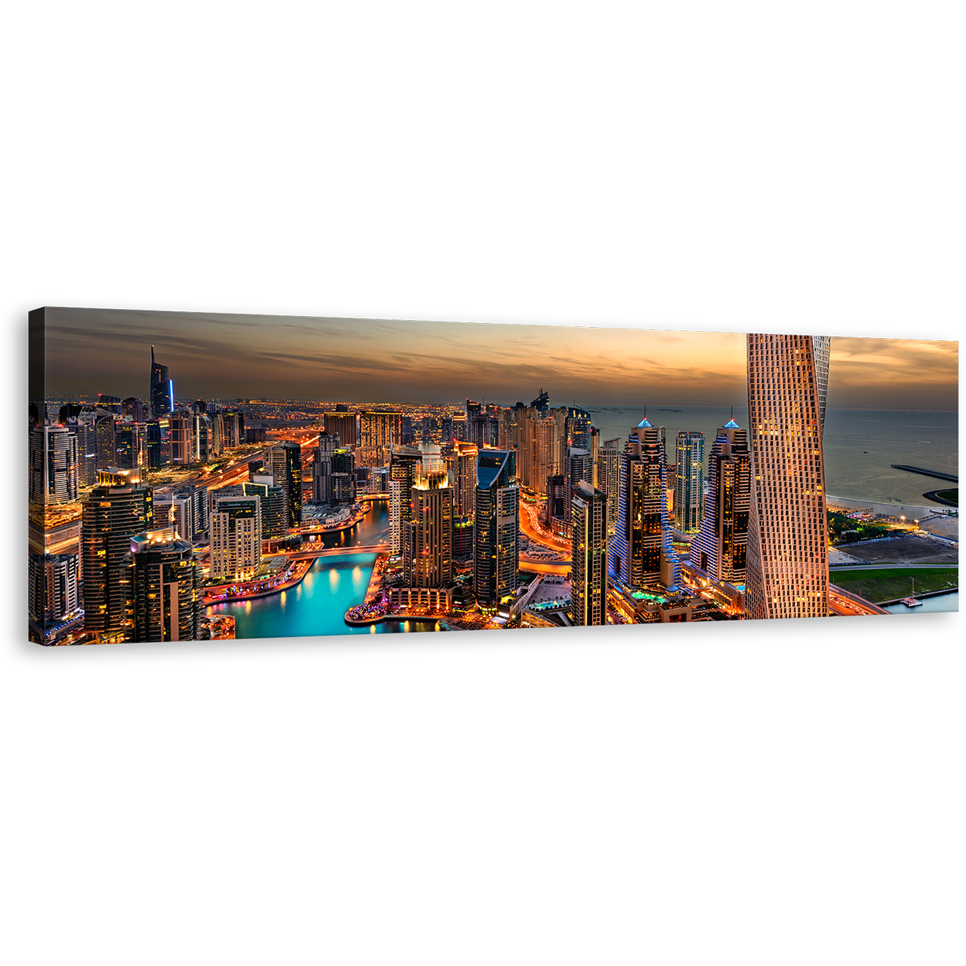 Dubai Skyline Wall Art, Orange Marina City Canvas Artwork, Cloudy Yellow Sunset Cityscape Panoramic Canvas Print