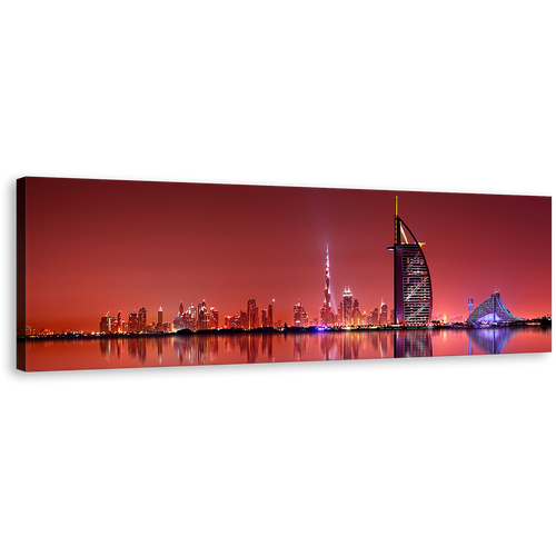 Dubai Skyline Wall Art, United Arab Emirates Red Cityscape 1 Piece Canvas Print, Dubai City Blue Light Reflection Canvas Art