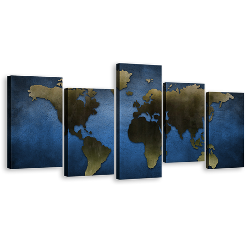 Earth Map Canvas Wall Art, Grey World Map Blue Background 5 Piece Canvas Print