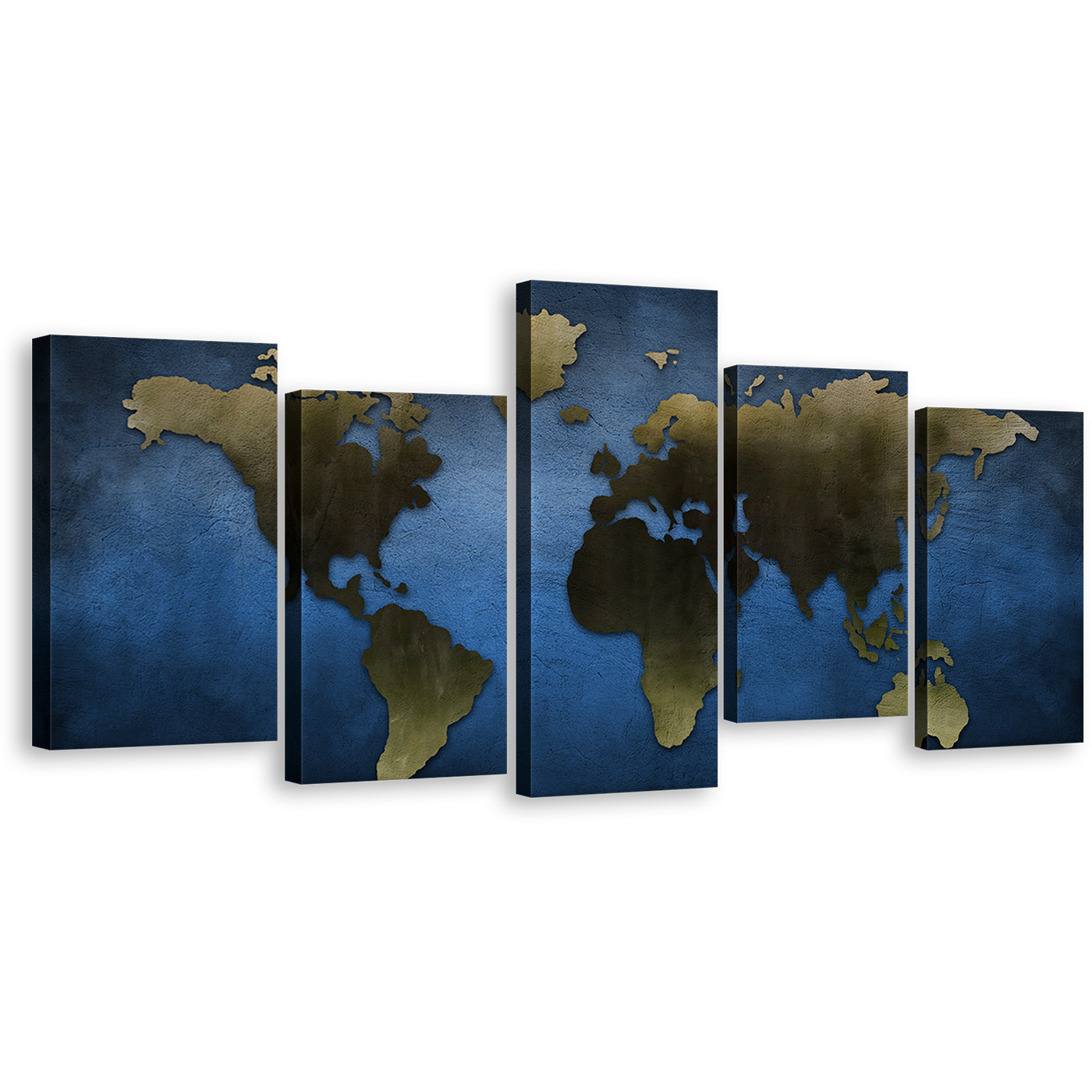 Earth Map Canvas Wall Art, Grey World Map Blue Background 5 Piece Canvas Print