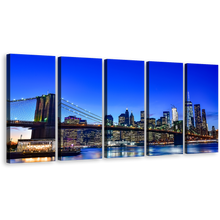 Load image into Gallery viewer, East River Canvas Wall Art, Blue Sky Brooklyn Bridge 5 Piece Multiple Canvas, Black New York City Skyline Canvas Print
