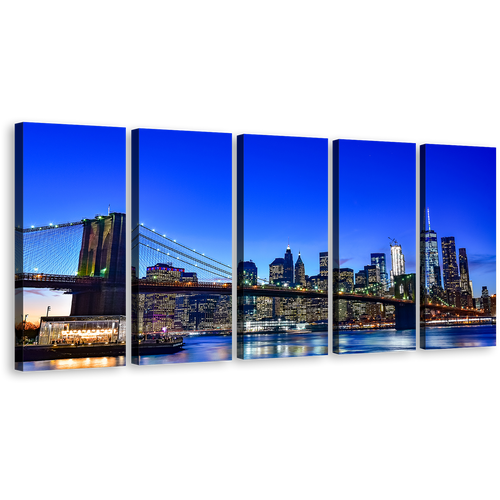 East River Canvas Wall Art, Blue Sky Brooklyn Bridge 5 Piece Multiple Canvas, Black New York City Skyline Canvas Print