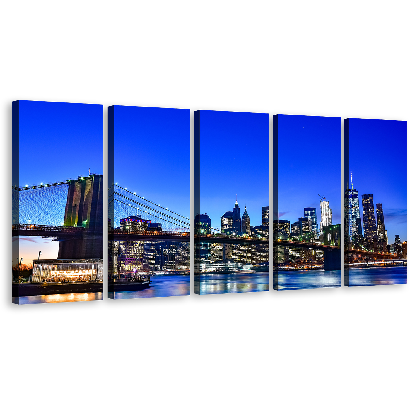 East River Canvas Wall Art, Blue Sky Brooklyn Bridge 5 Piece Multiple Canvas, Black New York City Skyline Canvas Print