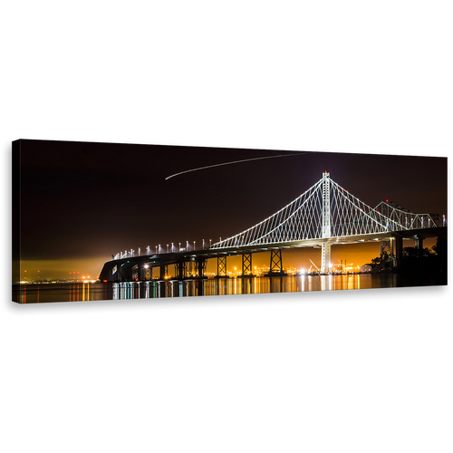 East Spain Bridge Canvas Wall Art, Majestic Orange City Bridge Reflection Panoramic Canvas, Black Dawn Lake 1 Piece Canvas Print