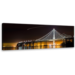 East Spain Bridge Canvas Wall Art, Majestic Orange City Bridge Reflection Panoramic Canvas, Black Dawn Lake 1 Piece Canvas Print