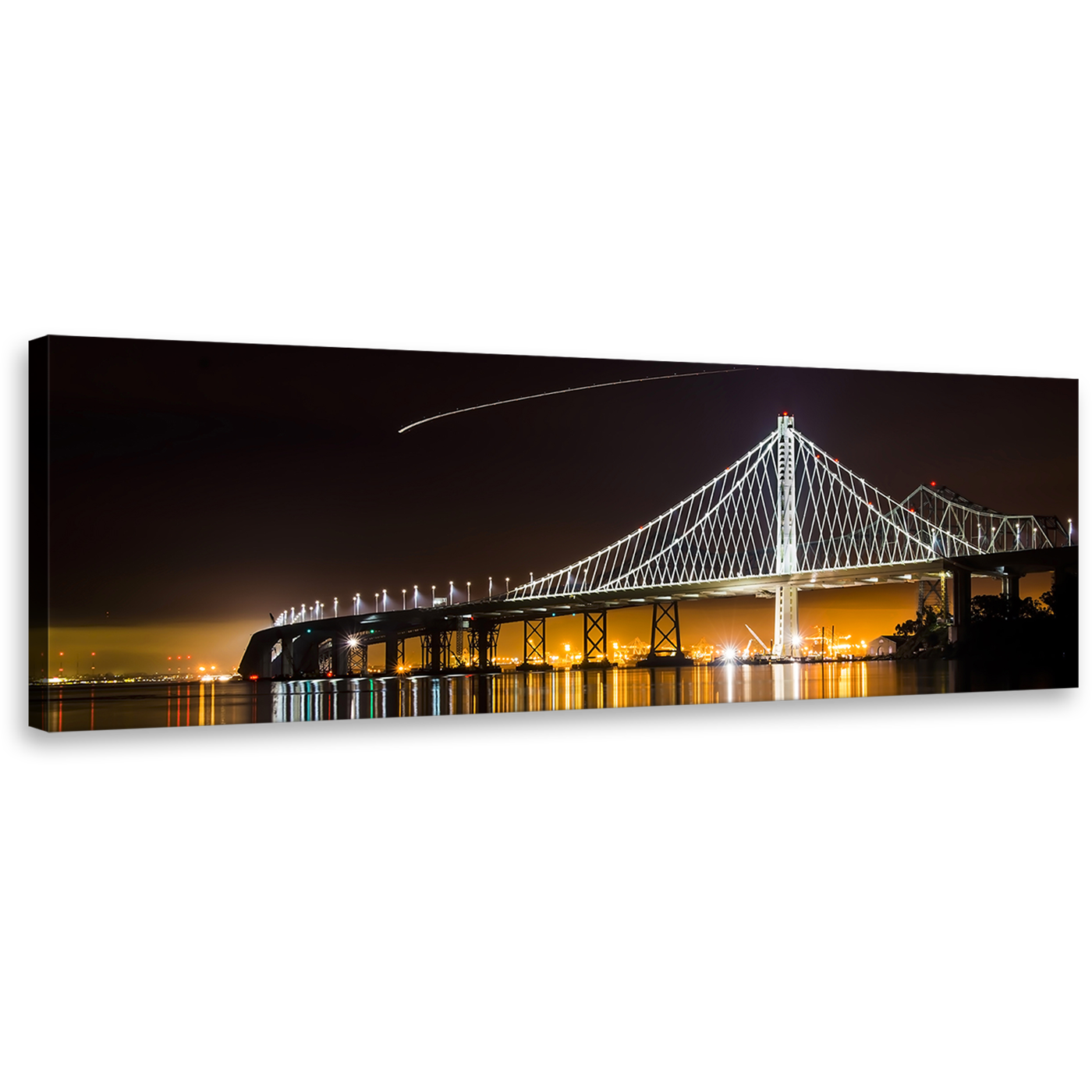 East Spain Bridge Canvas Wall Art, Majestic Orange City Bridge Reflection Panoramic Canvas, Black Dawn Lake 1 Piece Canvas Print