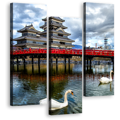 Eastern Honshu Canvas Wall Art, Red Bridge in Medieval Castle 3 Piece Canvas Print, Matsumoto Castle Triptych Canvas Set, Blue Sky Nagano Ken Japan Canvas