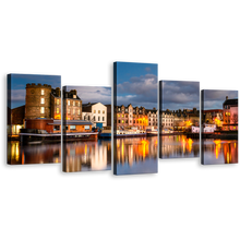 Load image into Gallery viewer, Edinburgh Harbors Wall Art, Leith City Blue Cloudy Sky Canvas Print, Brown Scotland Houses Canal Water Reflection 5 Piece Multiple Canvas
