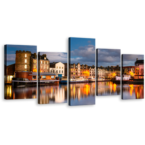 Edinburgh Harbors Wall Art, Leith City Blue Cloudy Sky Canvas Print, Brown Scotland Houses Canal Water Reflection 5 Piece Multiple Canvas