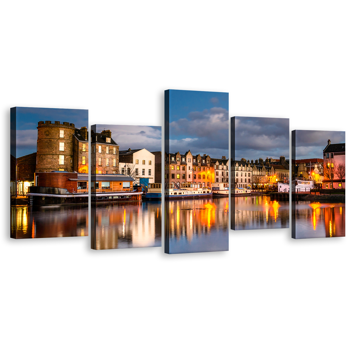 Edinburgh Harbors Wall Art, Leith City Blue Cloudy Sky Canvas Print, Brown Scotland Houses Canal Water Reflection 5 Piece Multiple Canvas