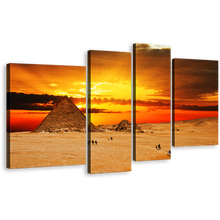 Load image into Gallery viewer, Egypt Desert Canvas Print, Brown Giza Necropolis Camel Pyramid 4 Piece Canvas Wall Art, Yellow Cloudy Sunset Sky Desert Multiple Canvas
