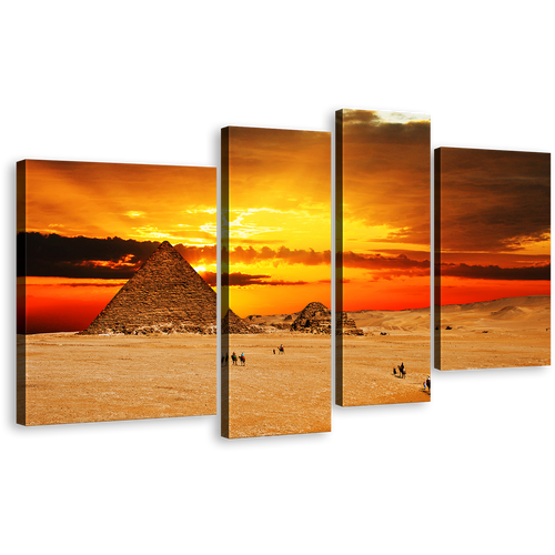 Egypt Desert Canvas Print, Brown Giza Necropolis Camel Pyramid 4 Piece Canvas Wall Art, Yellow Cloudy Sunset Sky Desert Multiple Canvas