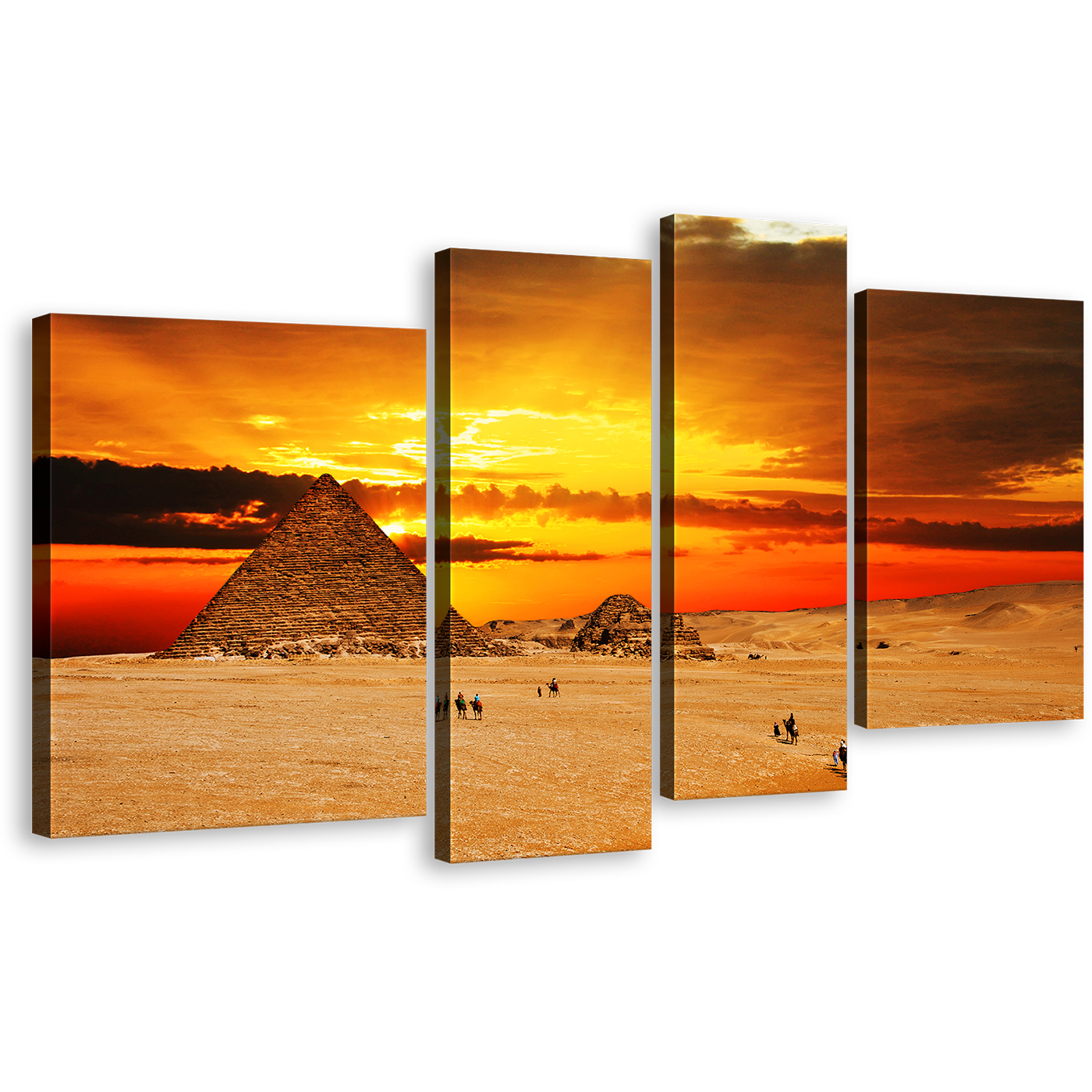 Egypt Desert Canvas Print, Brown Giza Necropolis Camel Pyramid 4 Piece Canvas Wall Art, Yellow Cloudy Sunset Sky Desert Multiple Canvas