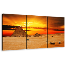 Load image into Gallery viewer, Egypt Pyramid Canvas Wall Art, Yellow Red Cloudy Sunset Sky Canvas Print, Brown Giza Necropolis Desert 3 Piece Multi Panel Canvas
