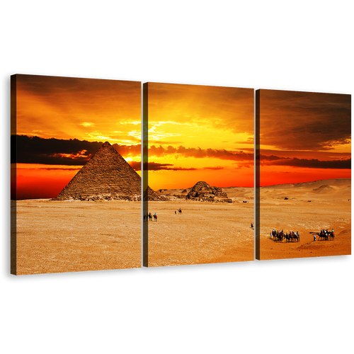 Egypt Pyramid Canvas Wall Art, Yellow Red Cloudy Sunset Sky Canvas Print, Brown Giza Necropolis Desert 3 Piece Multi Panel Canvas