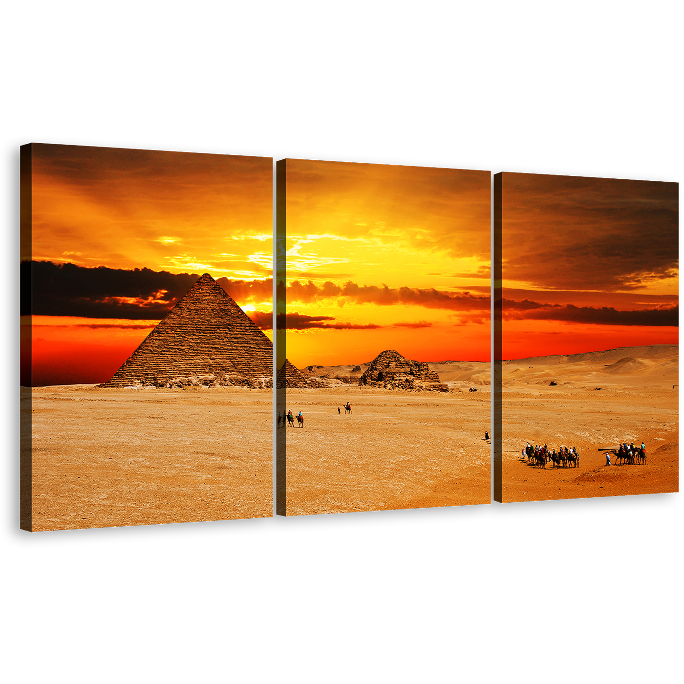 Egypt Pyramid Canvas Wall Art, Yellow Red Cloudy Sunset Sky Canvas Print, Brown Giza Necropolis Desert 3 Piece Multi Panel Canvas