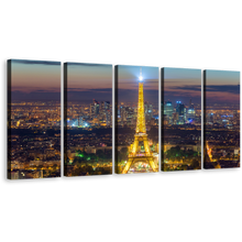 Load image into Gallery viewer, Eiffel Tower Canvas Print, Beautiful Blue France City Skyline 5 Piece Wall Art, Gold World Wonder Paris Canvas Set
