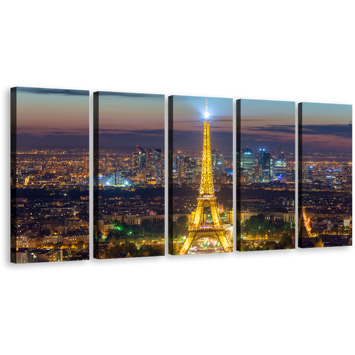 Eiffel Tower Canvas Print, Beautiful Blue France City Skyline 5 Piece Wall Art, Gold World Wonder Paris Canvas Set