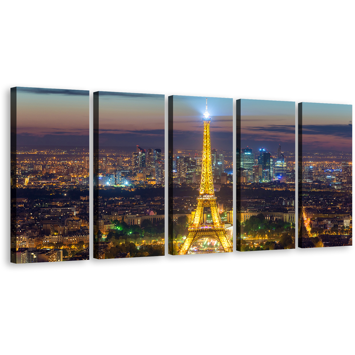 Eiffel Tower Canvas Print, Beautiful Blue France City Skyline 5 Piece Wall Art, Gold World Wonder Paris Canvas Set