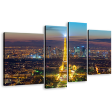 Load image into Gallery viewer, Eiffel Tower Canvas Print, Gold World Wonder Paris Multiple Canvas, Beautiful Blue France City Skyline 4 Piece Wall Art
