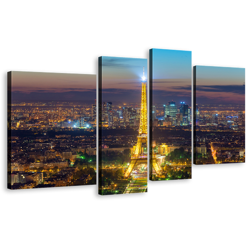 Eiffel Tower Canvas Print, Gold World Wonder Paris Multiple Canvas, Beautiful Blue France City Skyline 4 Piece Wall Art