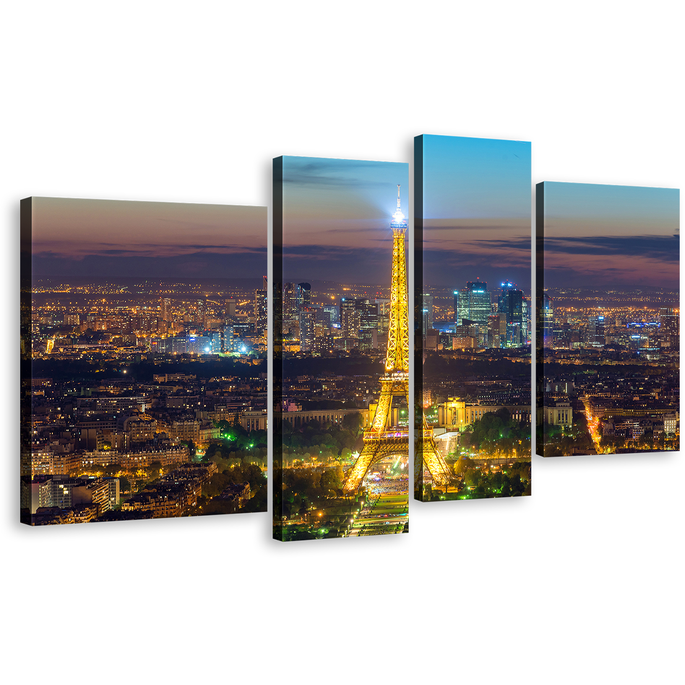 Eiffel Tower Canvas Print, Gold World Wonder Paris Multiple Canvas, Beautiful Blue France City Skyline 4 Piece Wall Art