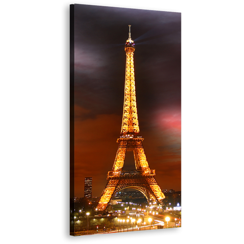 Eiffel Tower Canvas Print, Paris Red Sky City Night Vertical Canvas Artwork, Yellow Tower Lights Cityscape Canvas Wall Art